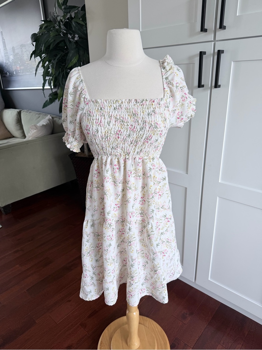No Comment puff sleeve smocked bodice mini dress Womens Small Pink Floral NWT